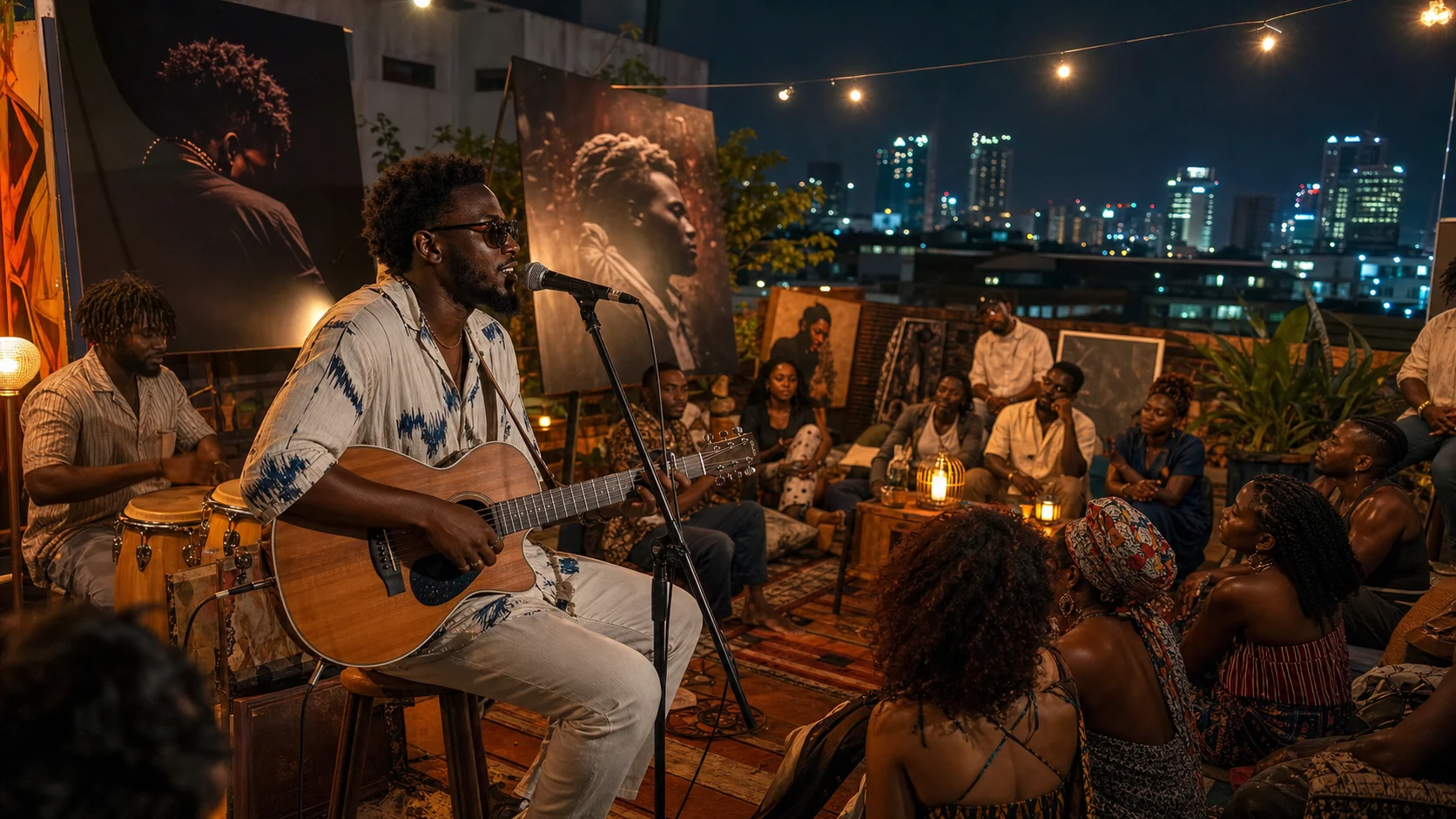 A fictional Nigerian musician performing for an intimate rooftop audience in Lagos.