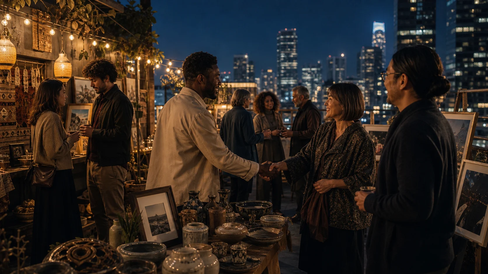 A diverse group of fictional adults meeting through art and collected objects at an evening rooftop exhibition.