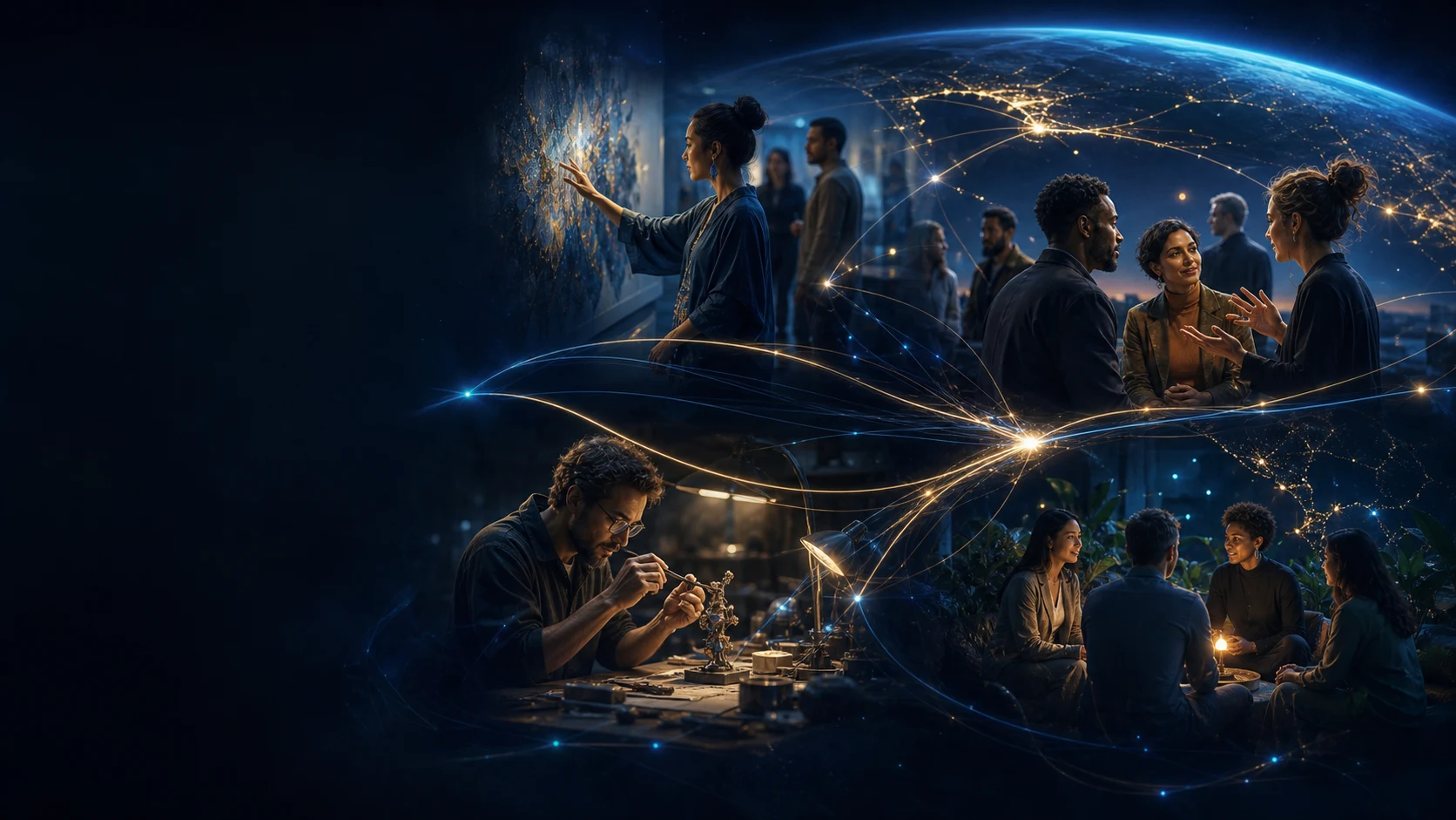Fictional creators and communities connected across a nighttime global landscape.