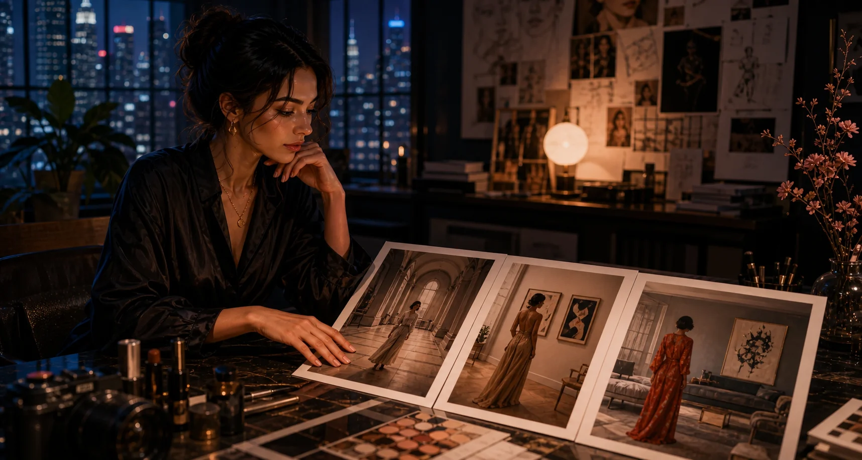 A fictional New York creator seeing photographs of her creative work displayed in distant places.