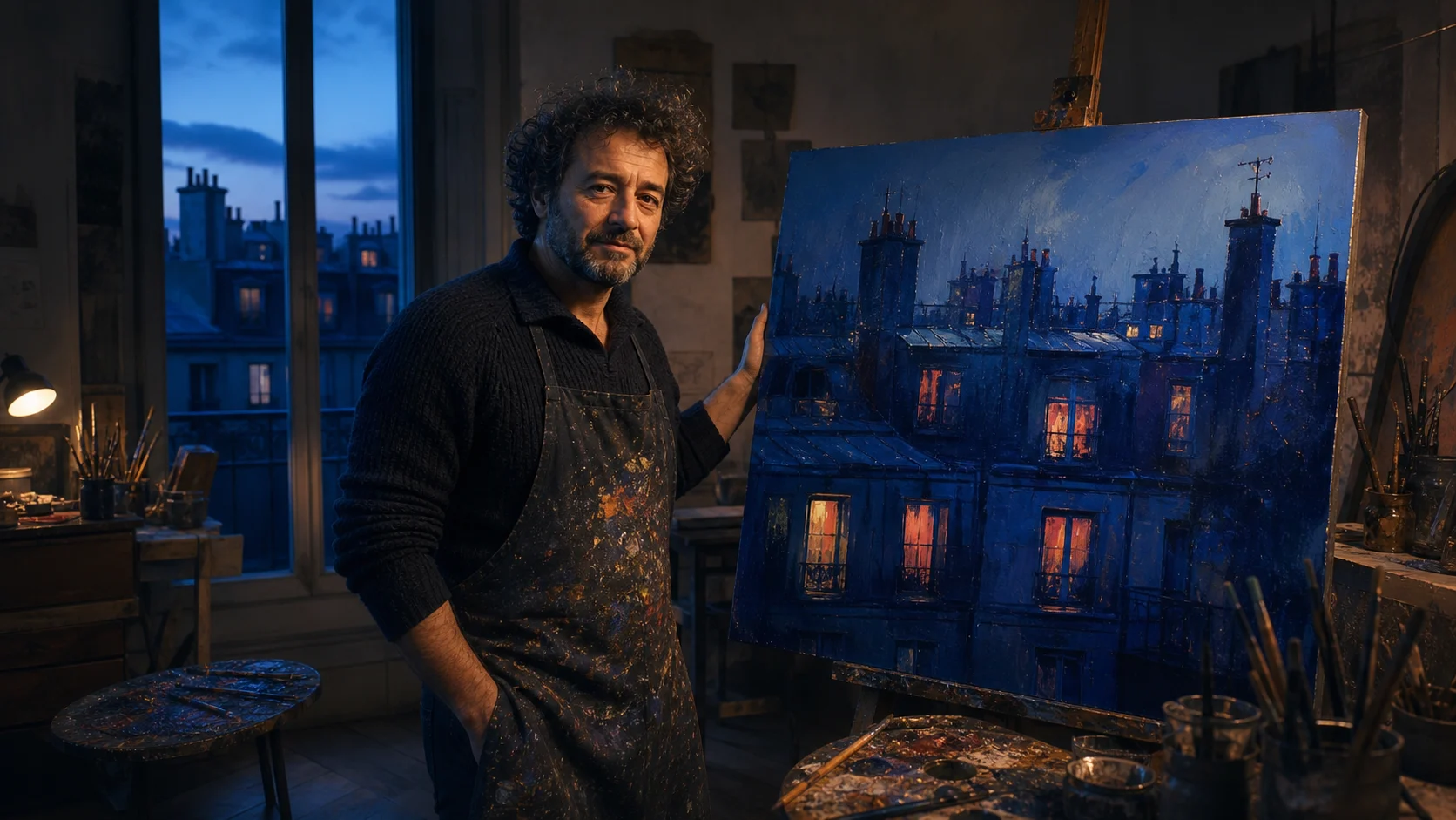A fictional Paris factory worker proudly presenting his completed rooftop painting in his apartment studio.