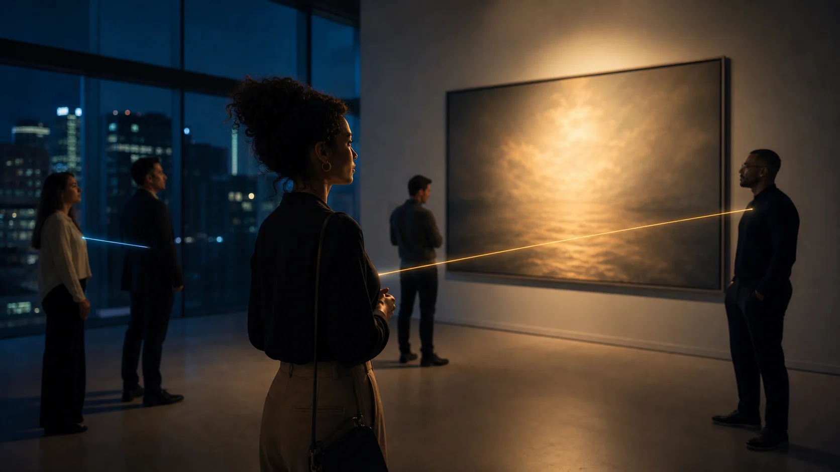 Fictional gallery visitors making independent choices around one shared work of art.