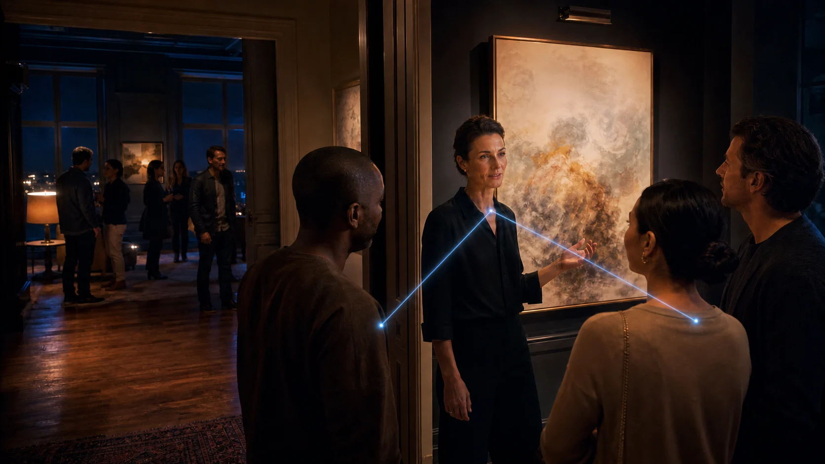 A fictional gallery visitor introducing an artwork to her own direct circle while the original source remains separate in another room.
