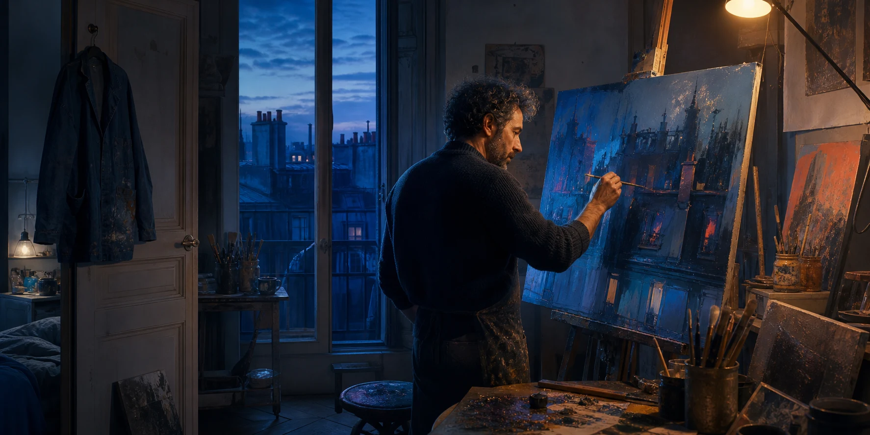 A fictional Paris factory worker painting in his apartment studio at blue hour.