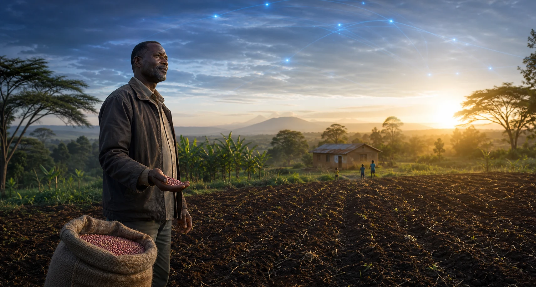 A fictional Kenyan father standing in a prepared field with fresh seeds at sunrise.