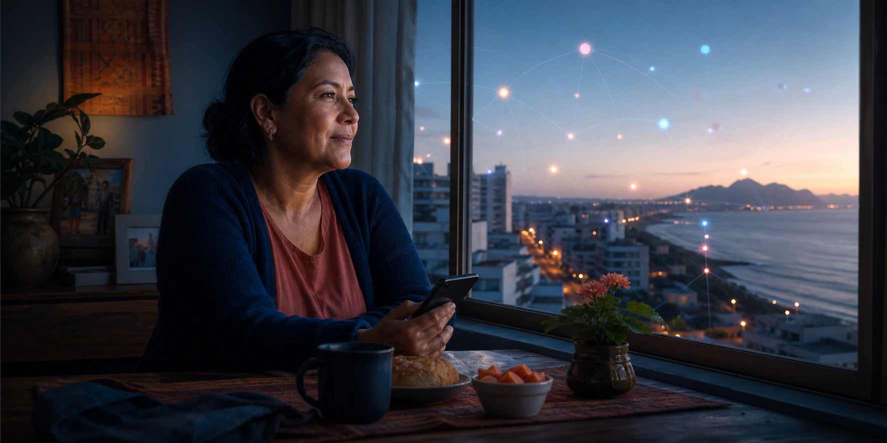 A fictional woman in Lima looking peacefully across the city at dawn.